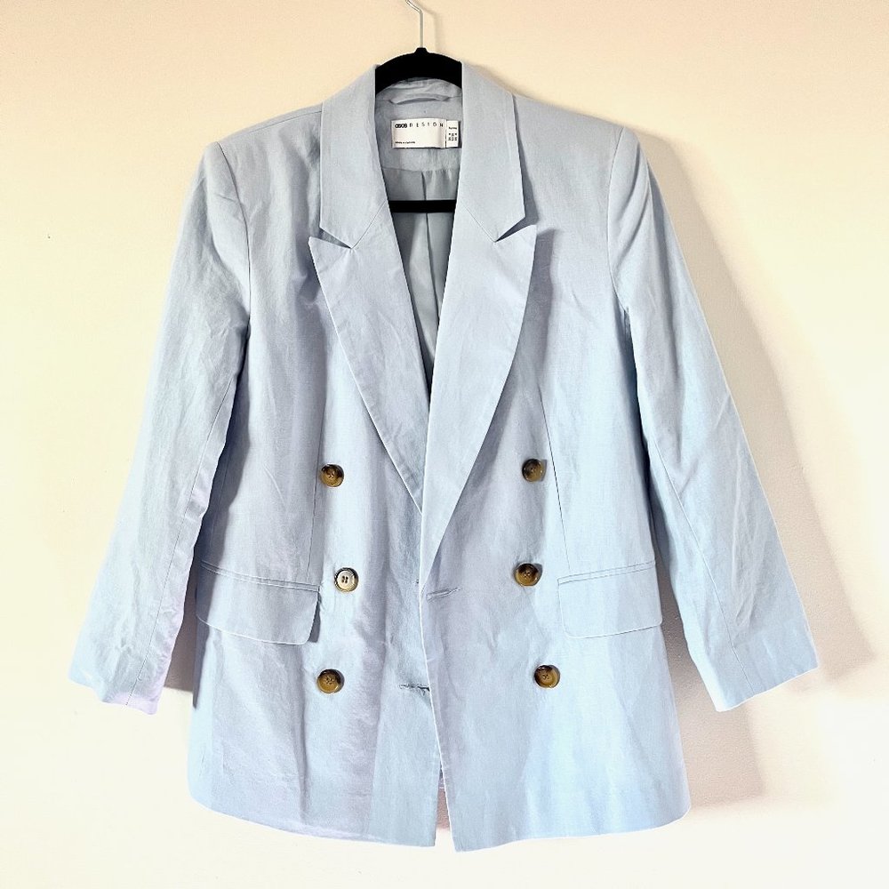 ASOS DESIGN Petite clean double breasted linen suit blazer in blue, Size 4